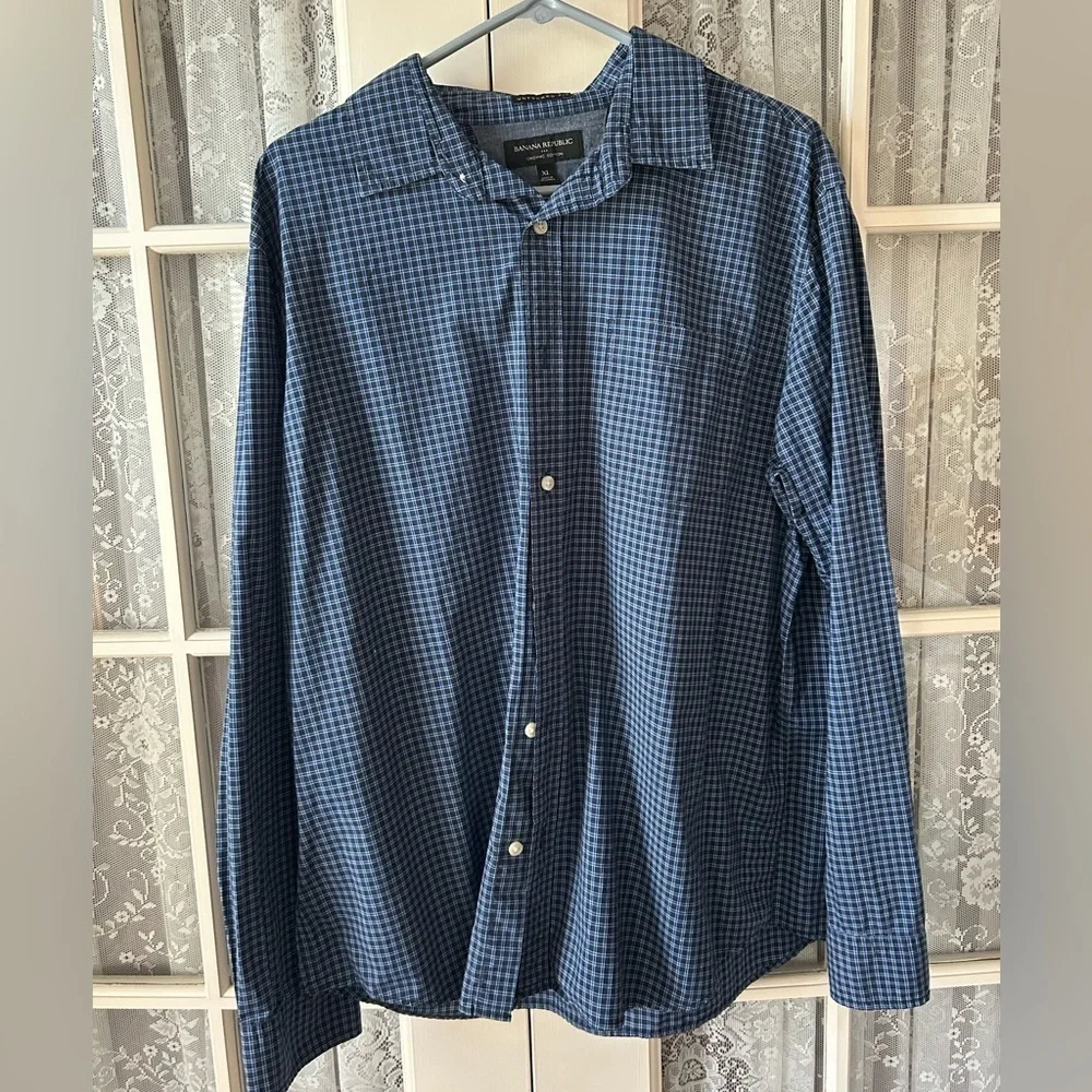 Banana Republic Men's Navy Plaid Button Down Shirt Sz XL